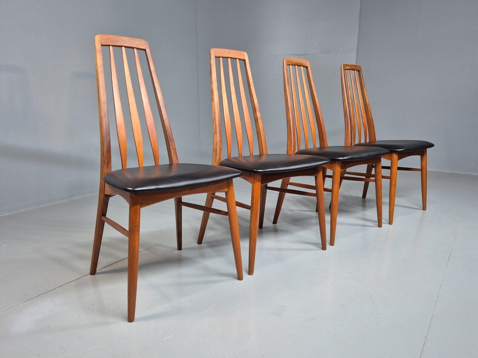 4 Vintage Danish Dining Chairs Black Vinyl Teak Koefoeds Retro MCM EB8433 MDIN - UKDK FURNITURE