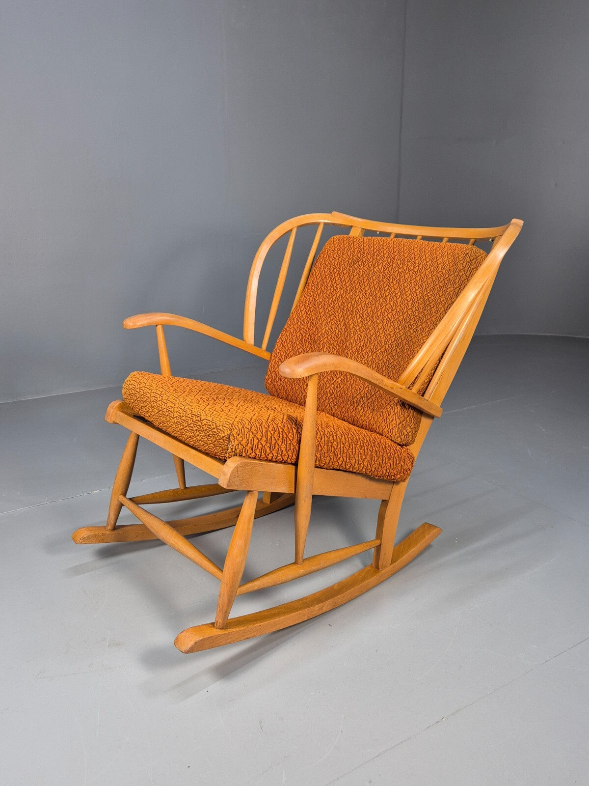Vintage 1950s Rocking Chair Orange Pattern Fabric Beech Frame Retro EB9481 MNOR - UKDK FURNITURE