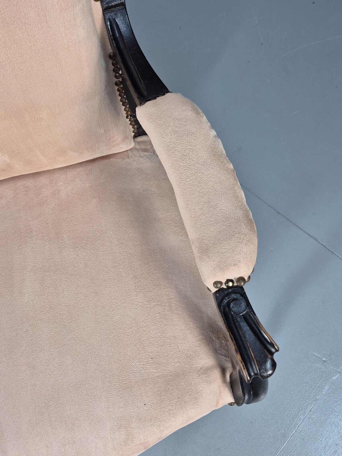 Antique Danish Cream Suede Horseshoe Backed Chair With Castors EB8450 VCLO - UKDK FURNITURE