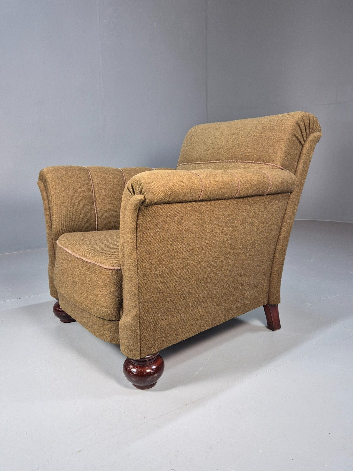 Vintage Danish Lounge Chair Green Wool Upholstery Bun Feet 1920s EB9006 VCLO - UKDK FURNITURE