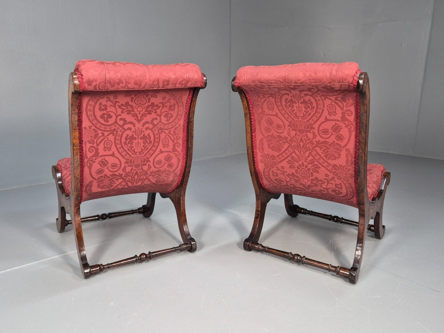 2 Vintage Slipper Chairs Pink Cotton Rosewood Inlay Antique EB8874 VCLO - UKDK FURNITURE