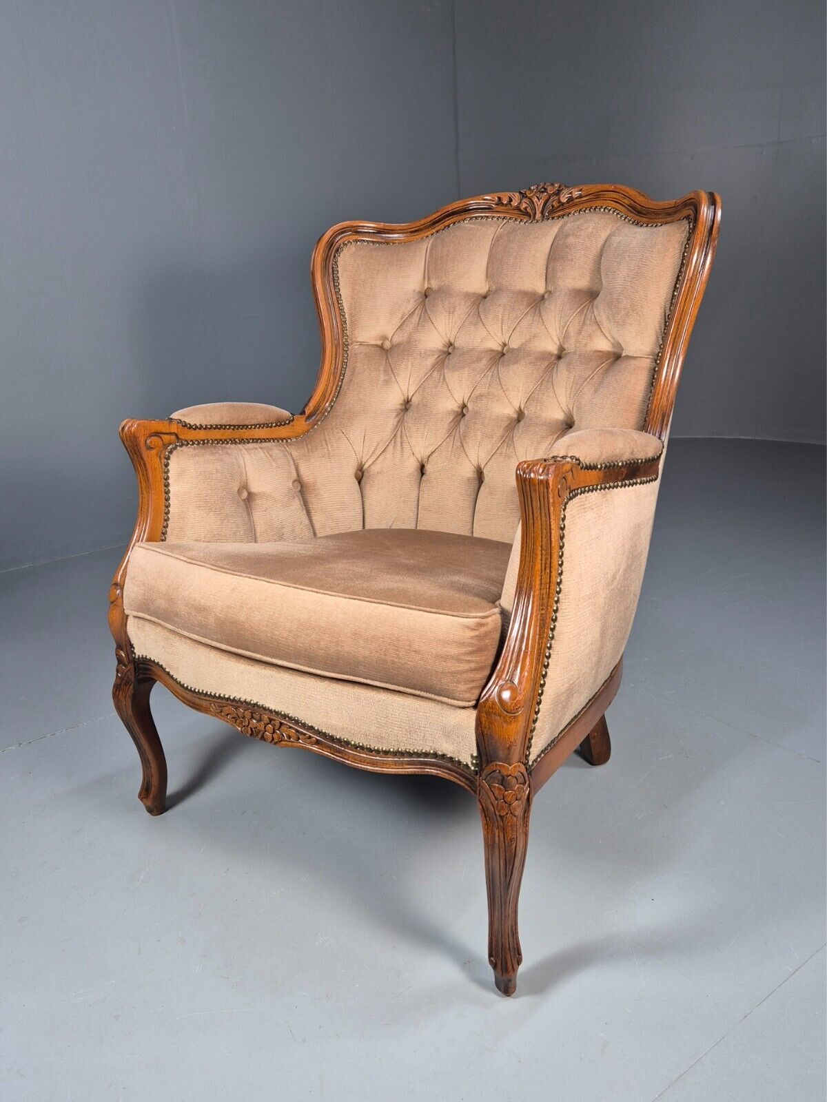 Vintage Danish Lounge Chair Beige Velour Beech Antique French Style EB8930 VCLO - UKDK FURNITURE