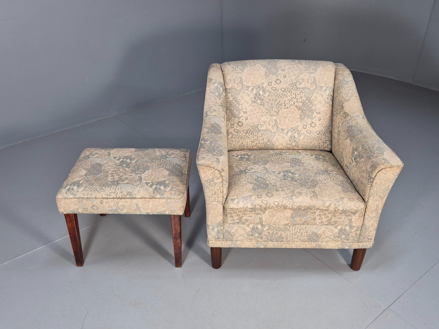 Vintage Danish Lounge Chair with Ottoman Floral Cotton 1980s Retro EB9594 MNOR - UKDK FURNITURE