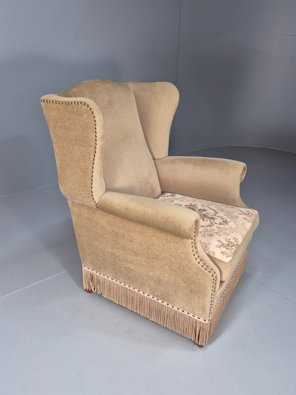 Vintage Danish Wing Back Lounge Chair 1950s Retro Tassels and Floral EB9013 VCLO - UKDK FURNITURE