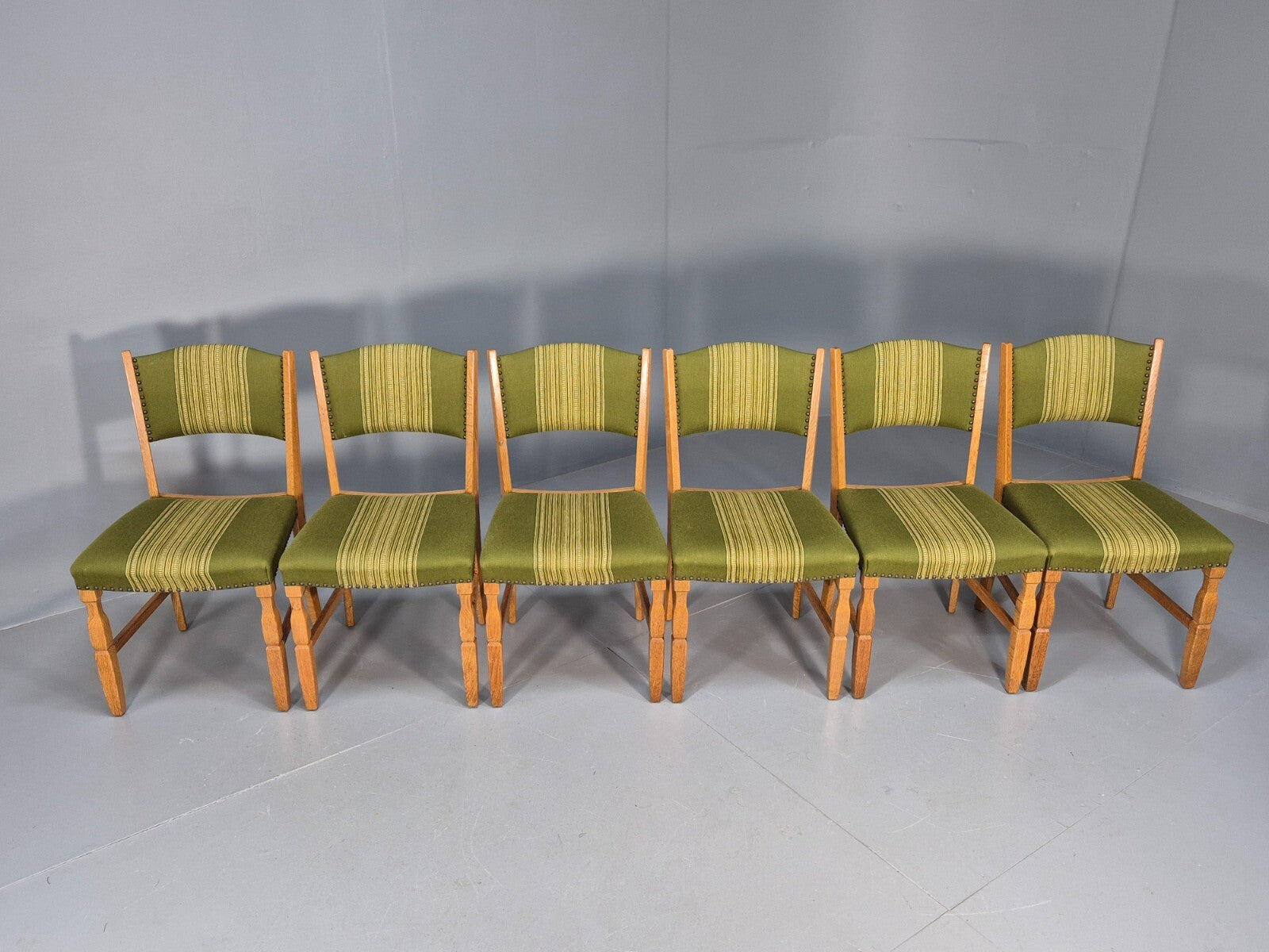 6 Kjaenulf Oak Danish Dinning Chairs Green Stripe Upholstery 1970s EB9536 MDIN - UKDK FURNITURE