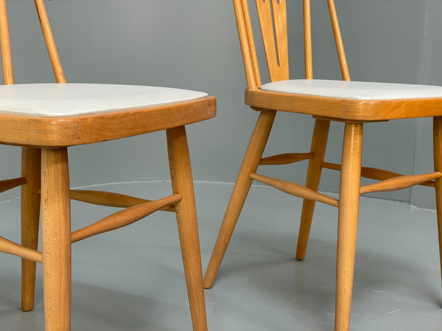 Mid Century Beech Dining Chairs Pair Off White Vinyl 1960s EB9779 MDIN - UKDK FURNITURE