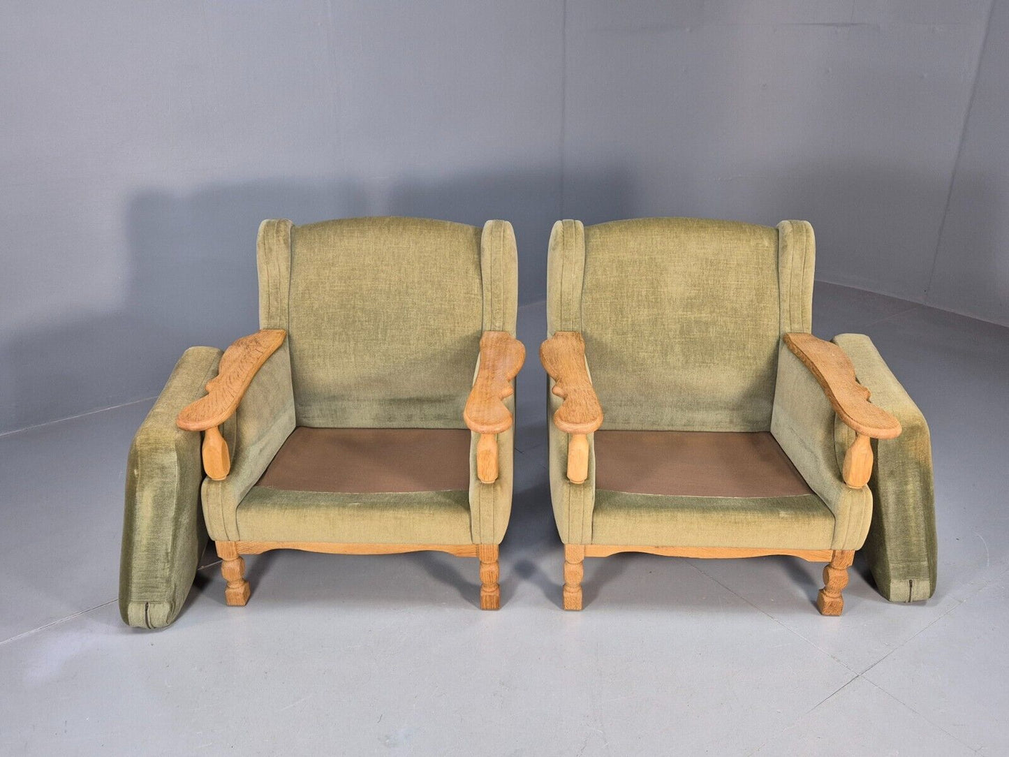 2 Vintage Danish Lounge Chairs Green Oak Frame Kjearnulf Retro 1970s EB8279 MNOR - UKDK FURNITURE