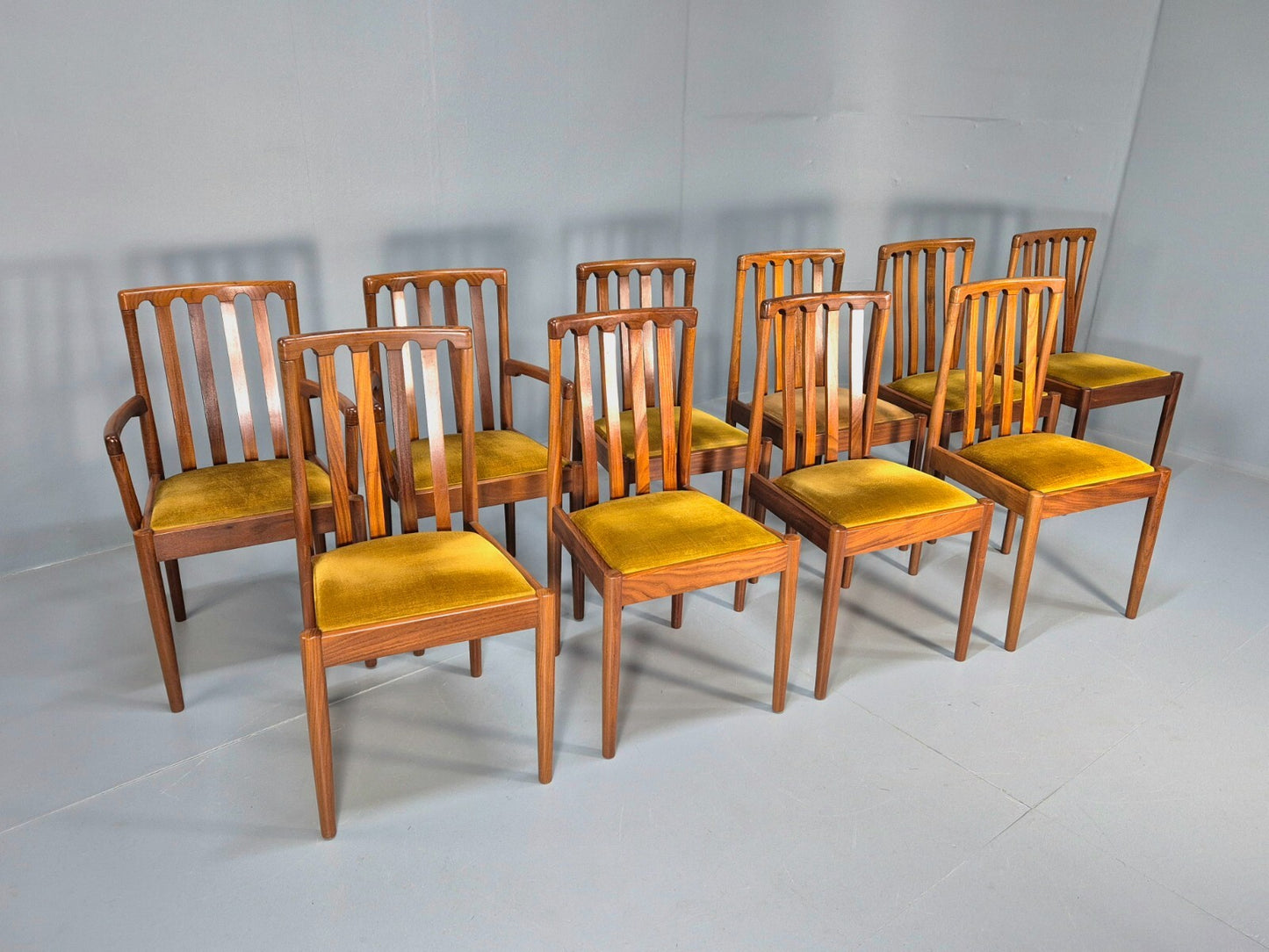 10 Vintage Meredew Teak Dining Chairs Gold Velour Upholstery 1970s EB9411 MDIN - UKDK FURNITURE