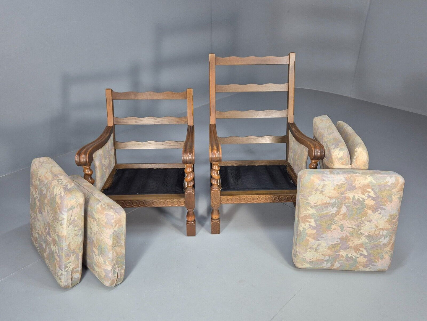 2 Vintage Danish Lounge Chairs Floral Beige Cotton Oak Frame Baroque EB8952 VCLO - UKDK FURNITURE