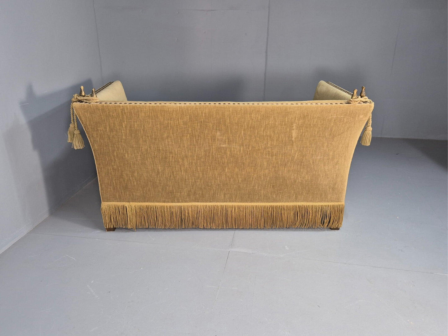 Vintage Two Seater Sofa Green Velour Studded Tassels Danish Design EB9549 V2SS - UKDK FURNITURE