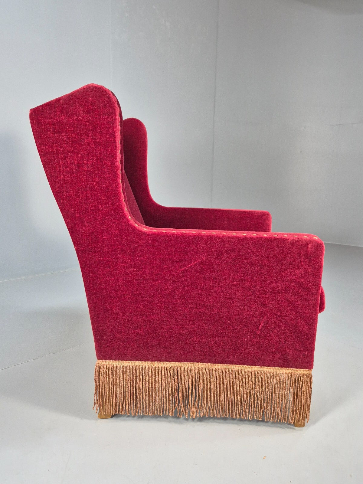 Vintage Danish Wingback Lounge Chair Red Velour Tassels 1940s Retro EB9614 VCLO - UKDK FURNITURE