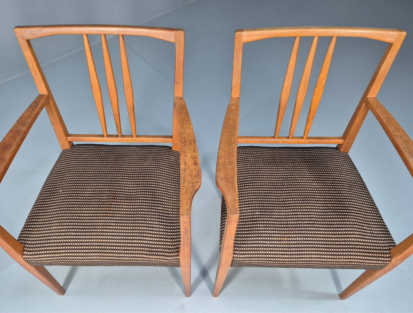 2 Gordon Russell Carver Dining Chairs Teak Green and Cream Wool MCM EB9748 MDIN - UKDK FURNITURE