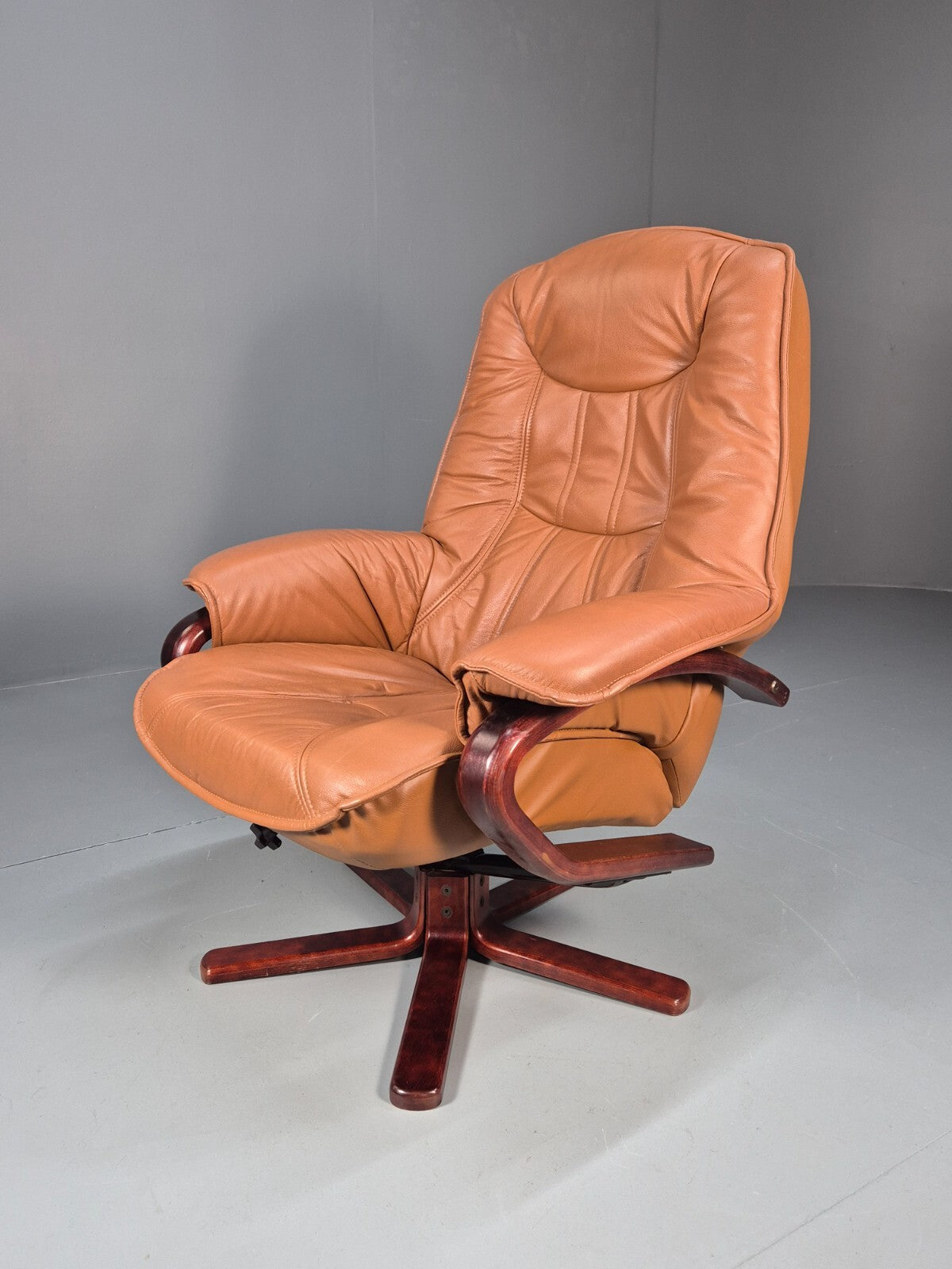 Vintage Tan Leather & Vinyl Swivel & Reclining Chair Danish Retro EB9265 MSWI - UKDK FURNITURE