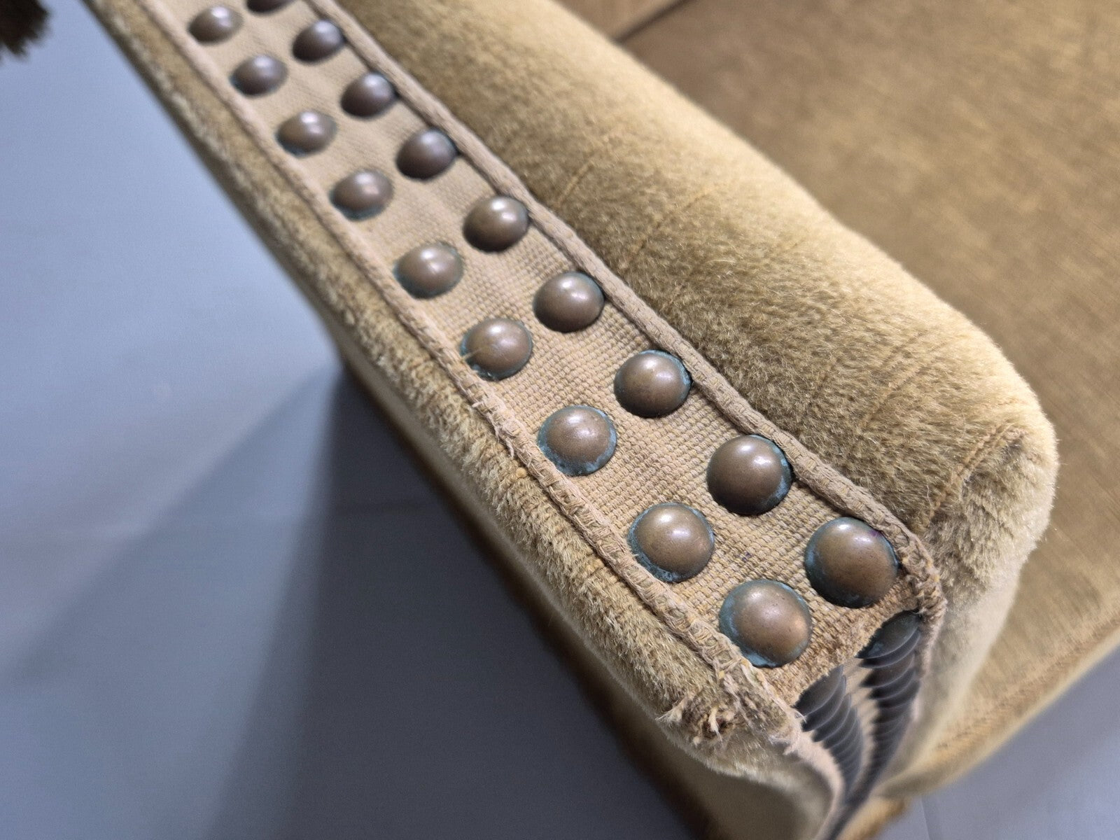 Vintage Two Seater Sofa Green Velour Studded Tassels Danish Design EB9549 V2SS - UKDK FURNITURE