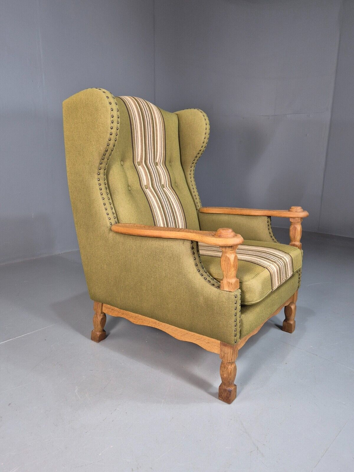 Vintage Danish Green Striped Wingback Armchair Oak Studded Skippers EB8044 MNOR - UKDK FURNITURE