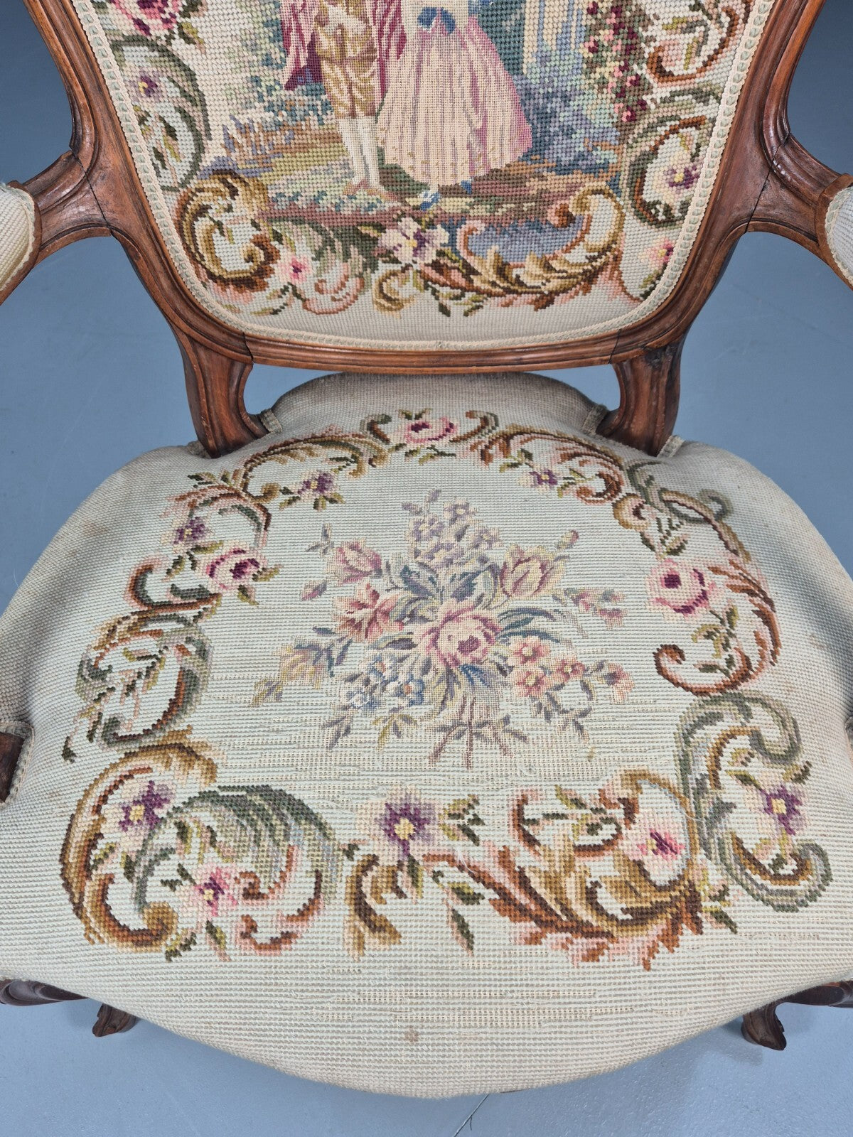 Antique Danish Lounge Chair Embroidered Lovers Tapestry French Style EB9637 VCAR - UKDK FURNITURE