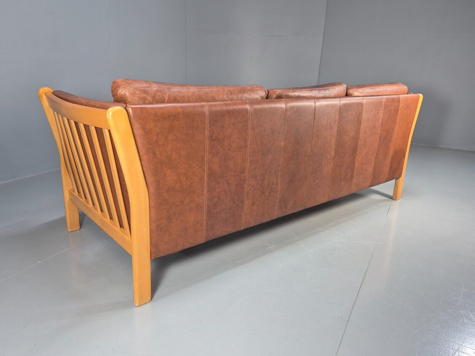Vintage Danish 3 Seat Sofa Tan Leather Beech Ends Stouby Style MCM EB8751 M3SS - UKDK FURNITURE