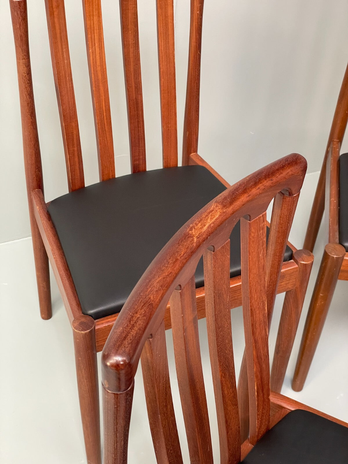 Vintage Meredew Dining Chairs Six Mahogany Teak 1970s Black Vinyl EB9726 MDIN - UKDK FURNITURE