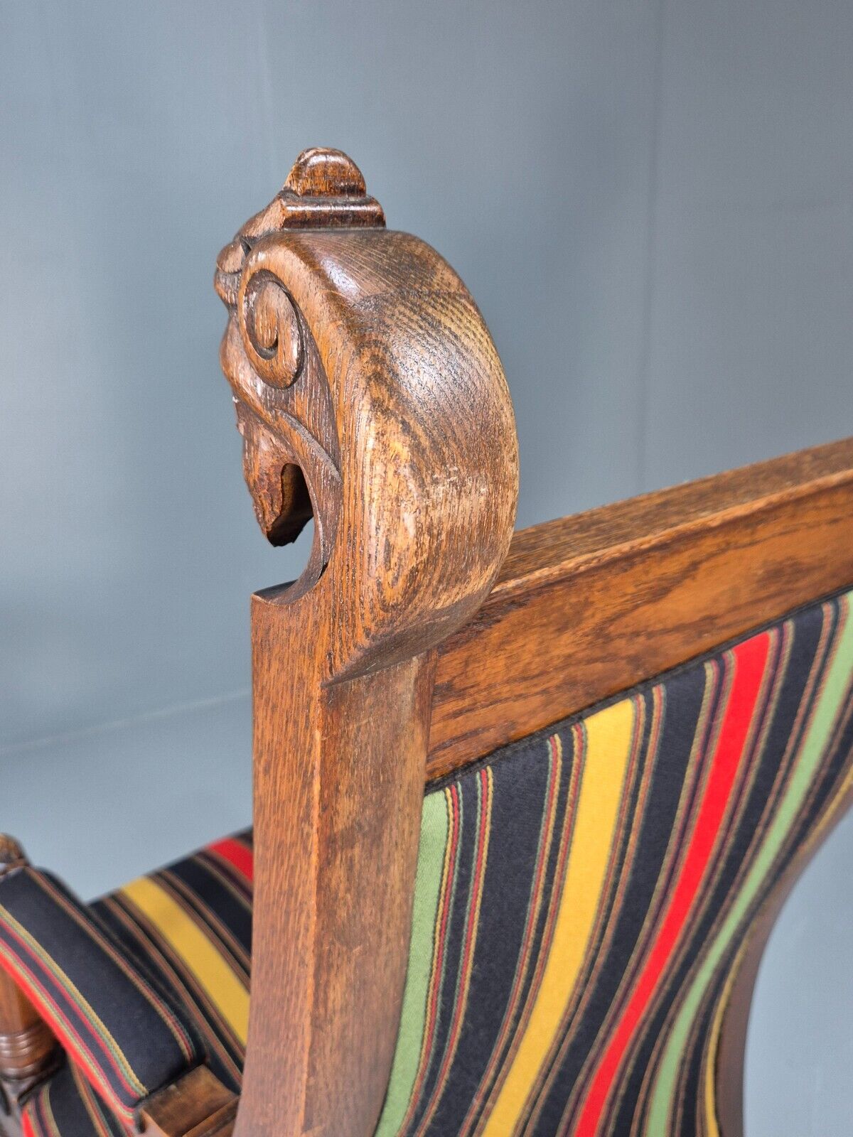 Vintage Danish Lounge Chair Multicoloured Carved Oak Figures Antique EB8951 VCLO - UKDK FURNITURE