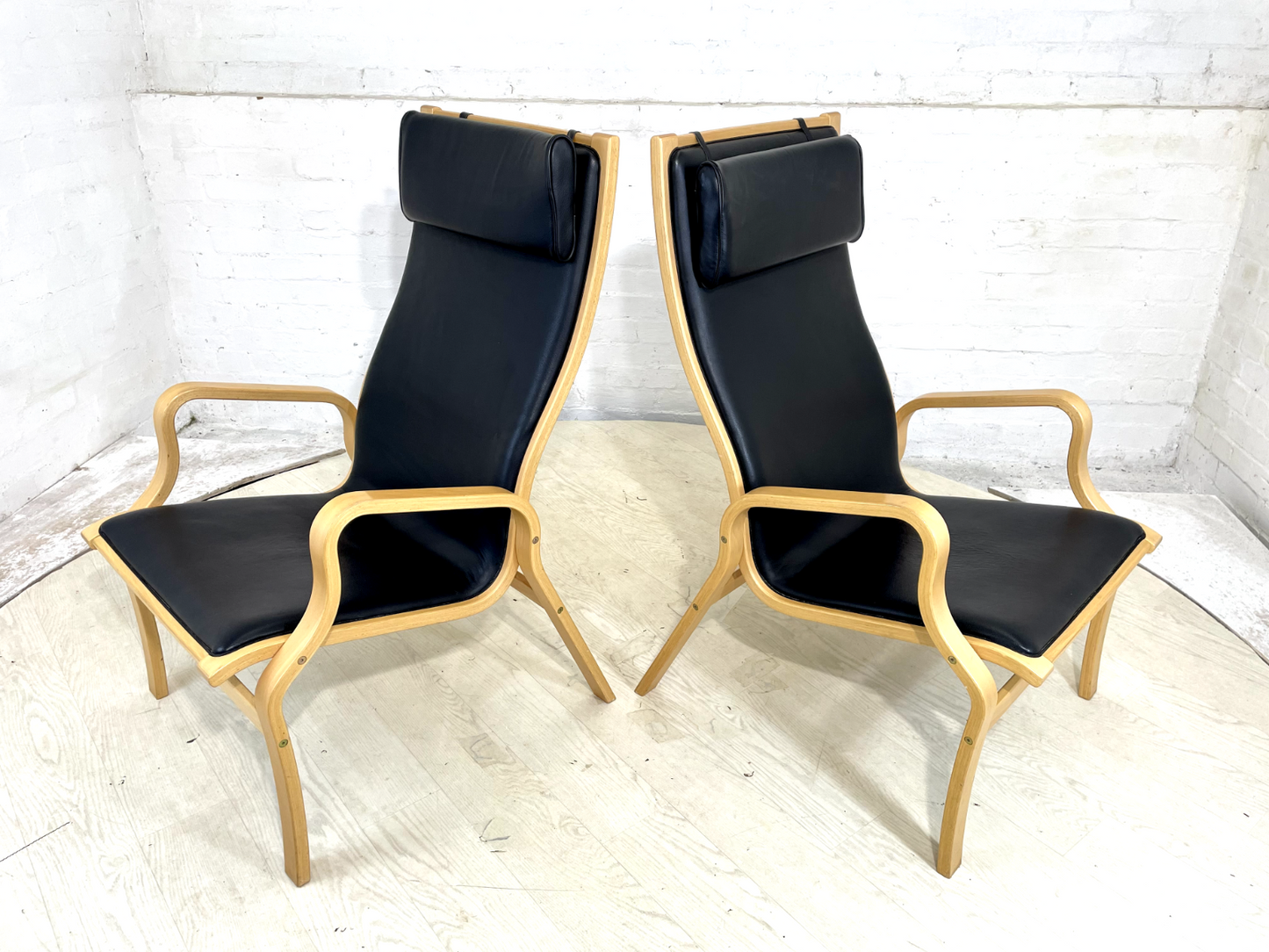 Pair Of Vintage Danish Skippers Bentwood Chairs Black Leather Retro EB4445 MBEN - UKDK FURNITURE