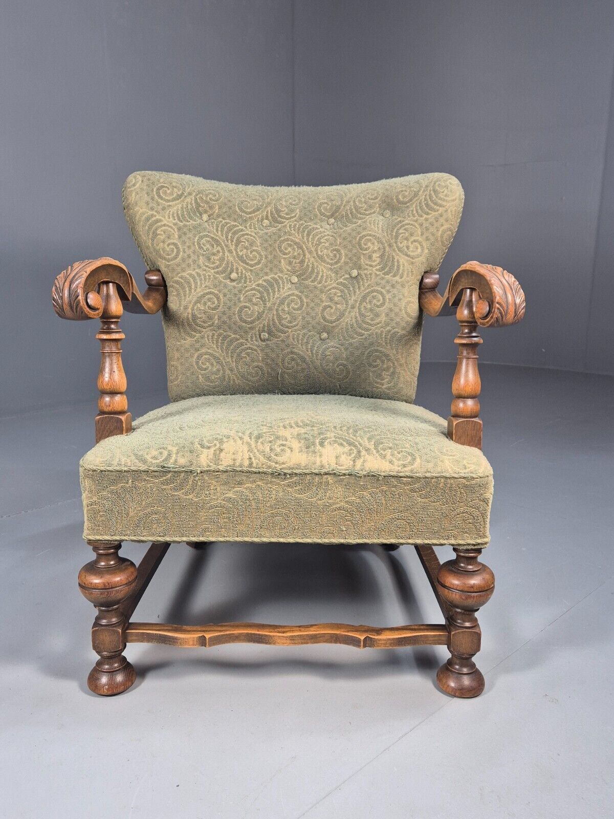 Vintage Danish Lounge Chair Green Moquette Carved Oak Frame 1940s EB8998 VCLO - UKDK FURNITURE