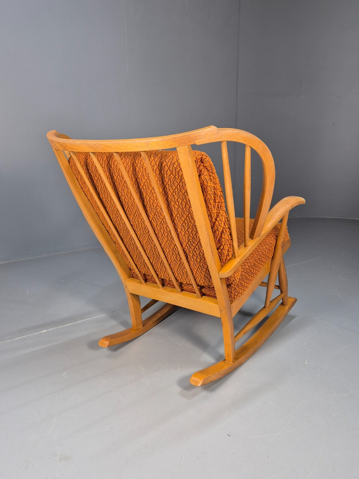 Vintage 1950s Rocking Chair Orange Pattern Fabric Beech Frame Retro EB9481 MNOR - UKDK FURNITURE