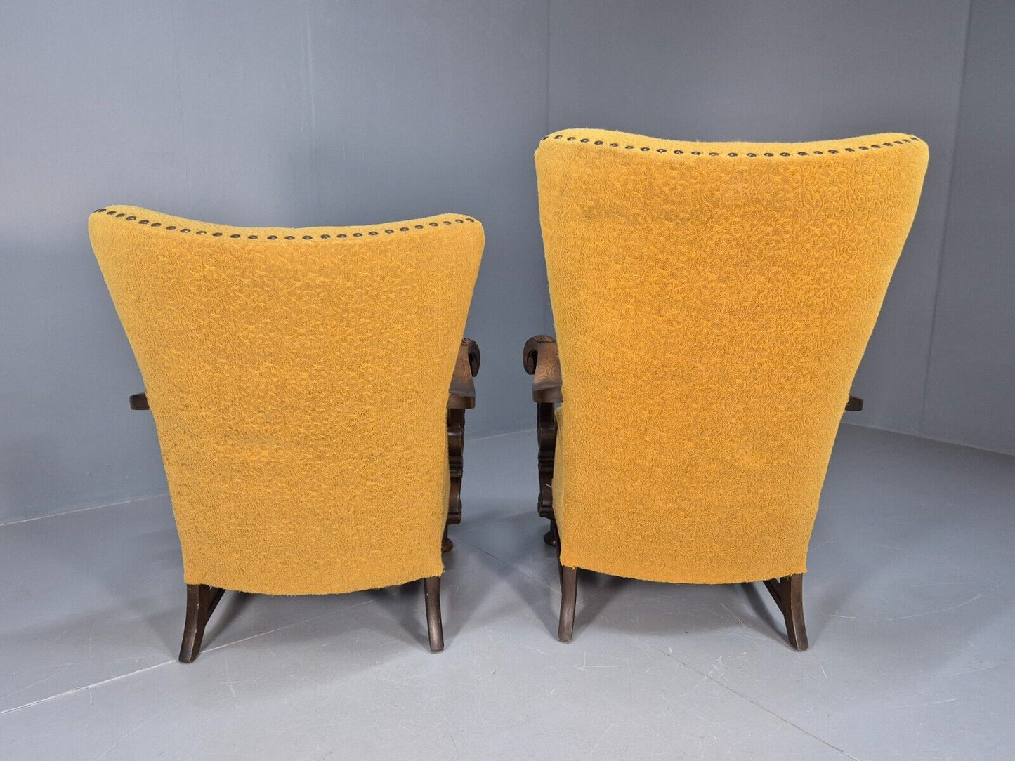 2 Vintage Baroque Armchgairs in Oak and Mustard Moquette 1940s EB9005 VCLO - UKDK FURNITURE