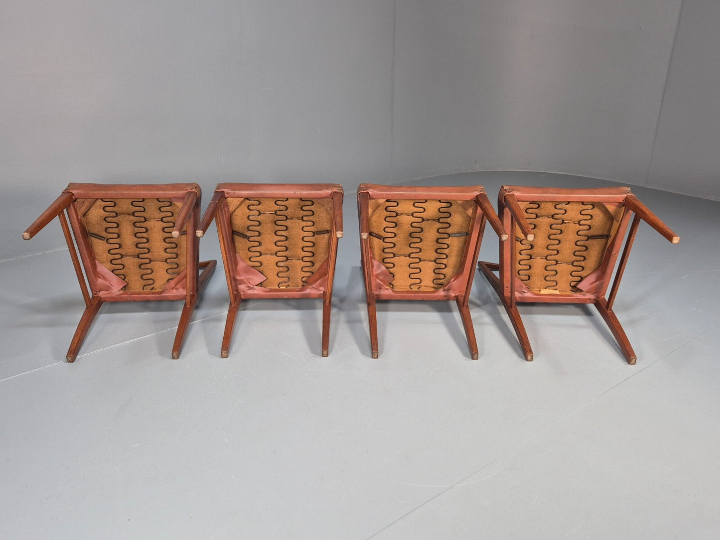 4 Gordon Russell Teak Dining Chairs Brown Vinyl 1960s Retro MCM EB9681 MDIN - UKDK FURNITURE