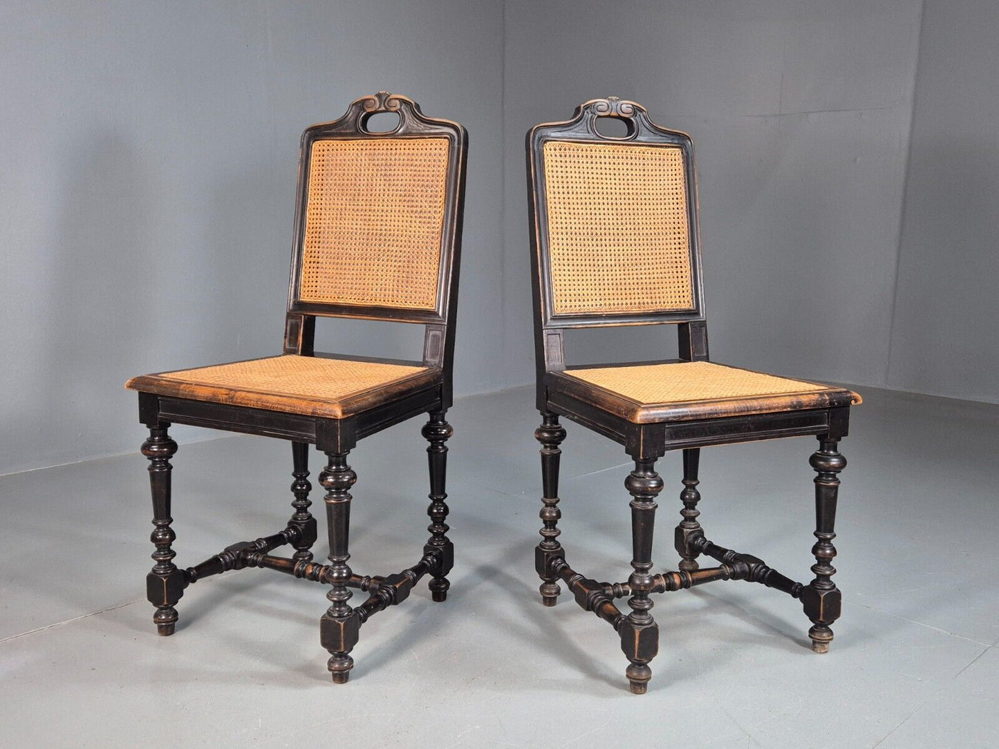 2 Vintage Dining Chairs Bergere Ebonised Aesthetic Movement Antique EB7975 VBER - UKDK FURNITURE