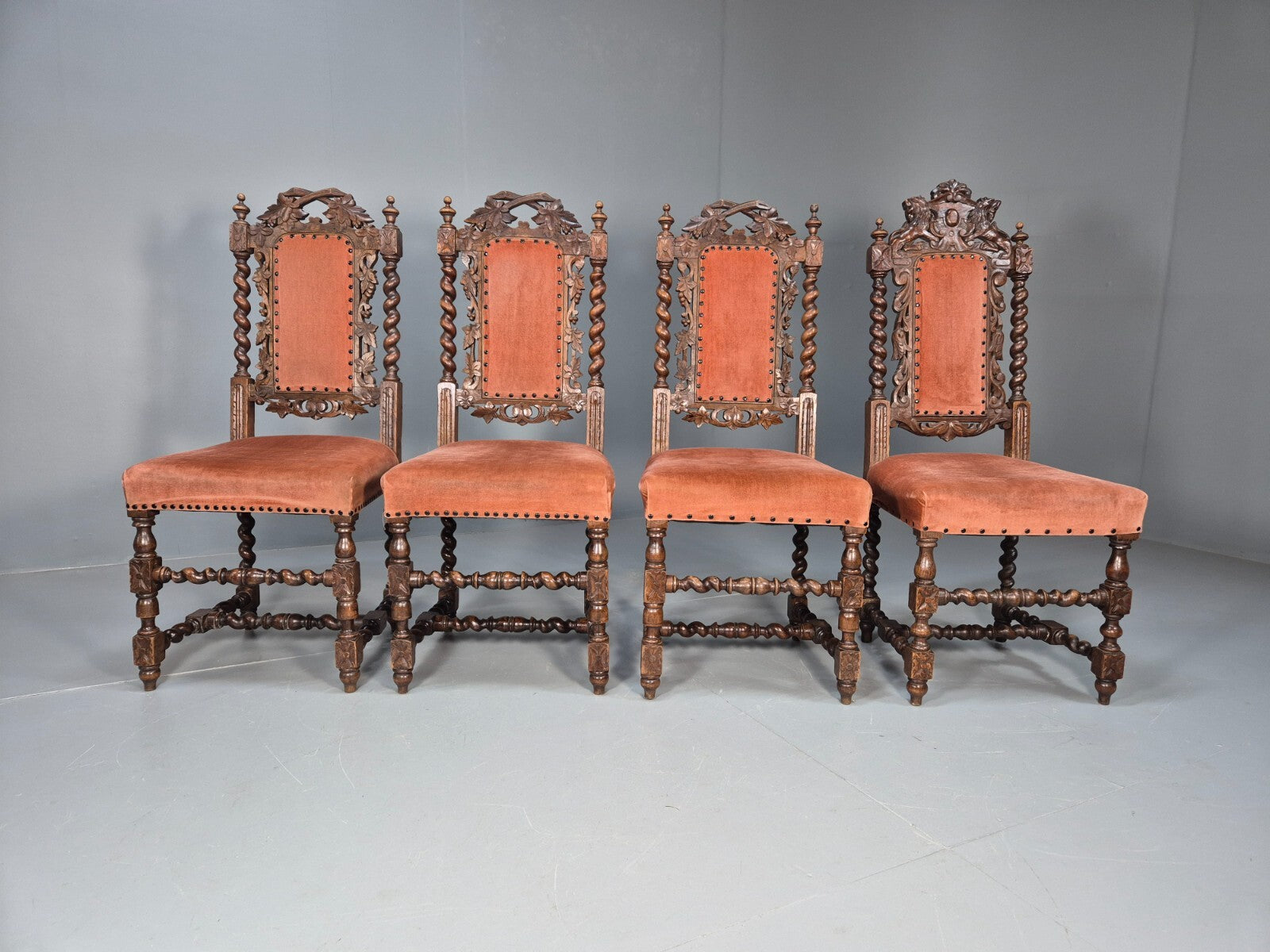 4 Vintage Antique Oak Dining Chairs Barley Twist Baroque 1900s EB9220 VCAR - UKDK FURNITURE