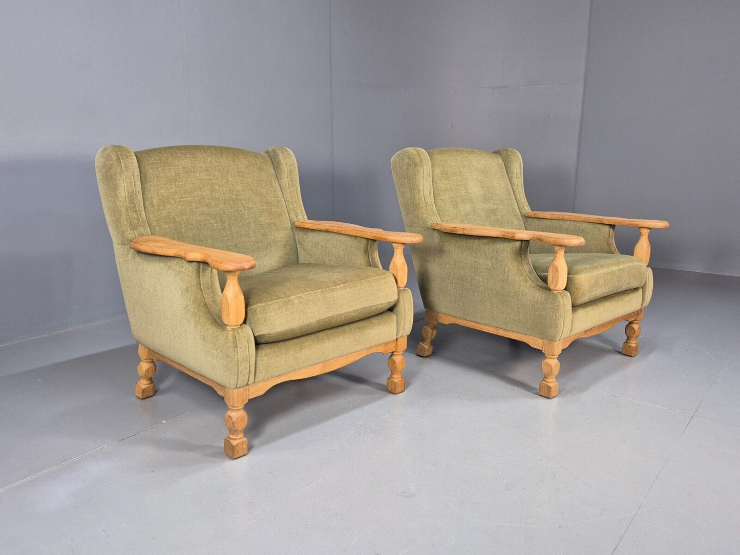 2 Vintage Danish Lounge Chairs Green Oak Frame Kjearnulf Retro 1970s EB8279 MNOR - UKDK FURNITURE