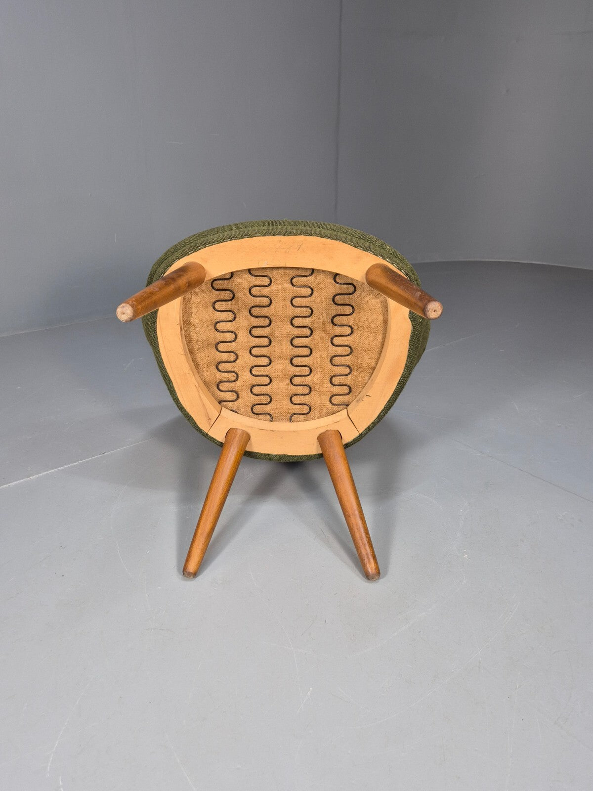 Vintage Danish Lounge Chair Curved Tub Form Green Wool Teak Legs MCM EB9264 MNOR - UKDK FURNITURE