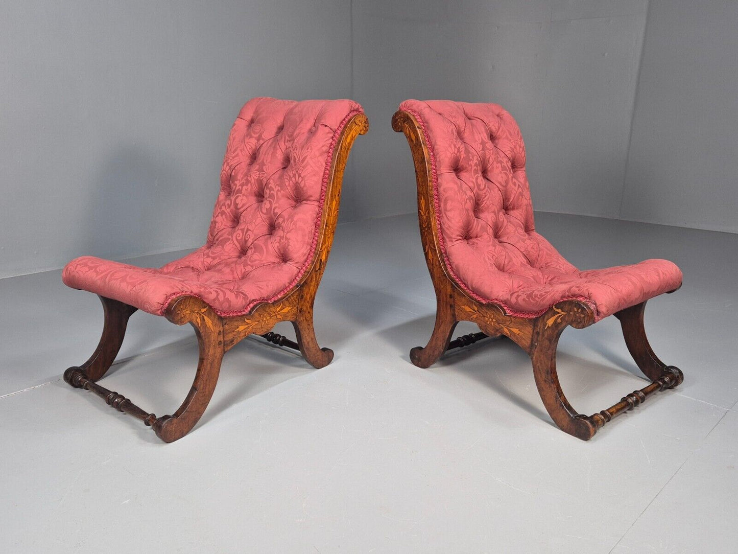 2 Vintage Slipper Chairs Pink Cotton Rosewood Inlay Antique EB8874 VCLO - UKDK FURNITURE