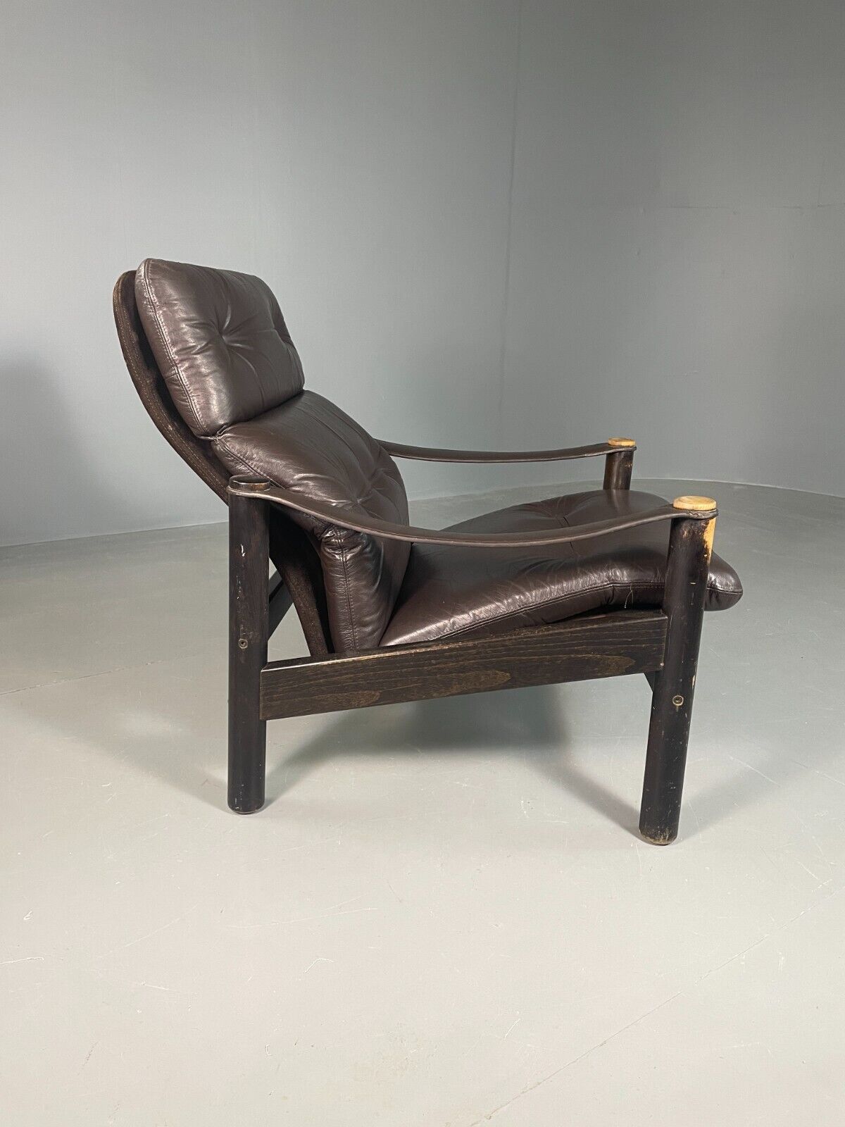 Vintage Danish Lounge Chair Brown Leather Sling Arms Retro MCM EB6867 MNOR - UKDK FURNITURE