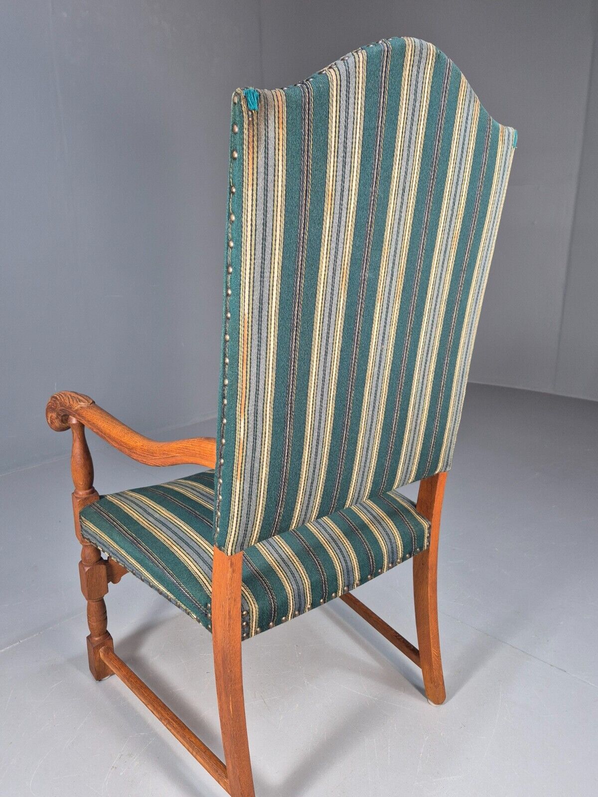 A Vintage Danish Baroque Style Armchair Green Wool Stripe Oak Frame EB9002 VCLO - UKDK FURNITURE
