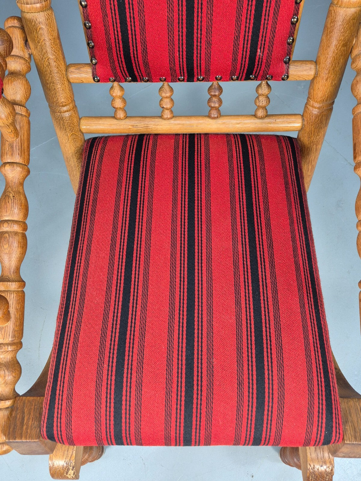 Vintage Danish Rocking Chair Oak Frame Red Stripe American Style EB9375 VCAR - UKDK FURNITURE