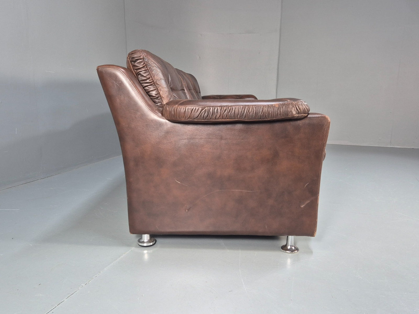 1970s Three Seat Retro Sofa Danish Brown Leather Vintage EB10687 V3SS12