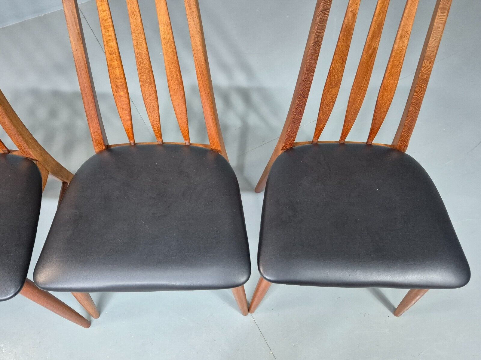 4 Vintage Danish Dining Chairs Black Vinyl Teak Koefoeds Retro MCM EB8433 MDIN - UKDK FURNITURE