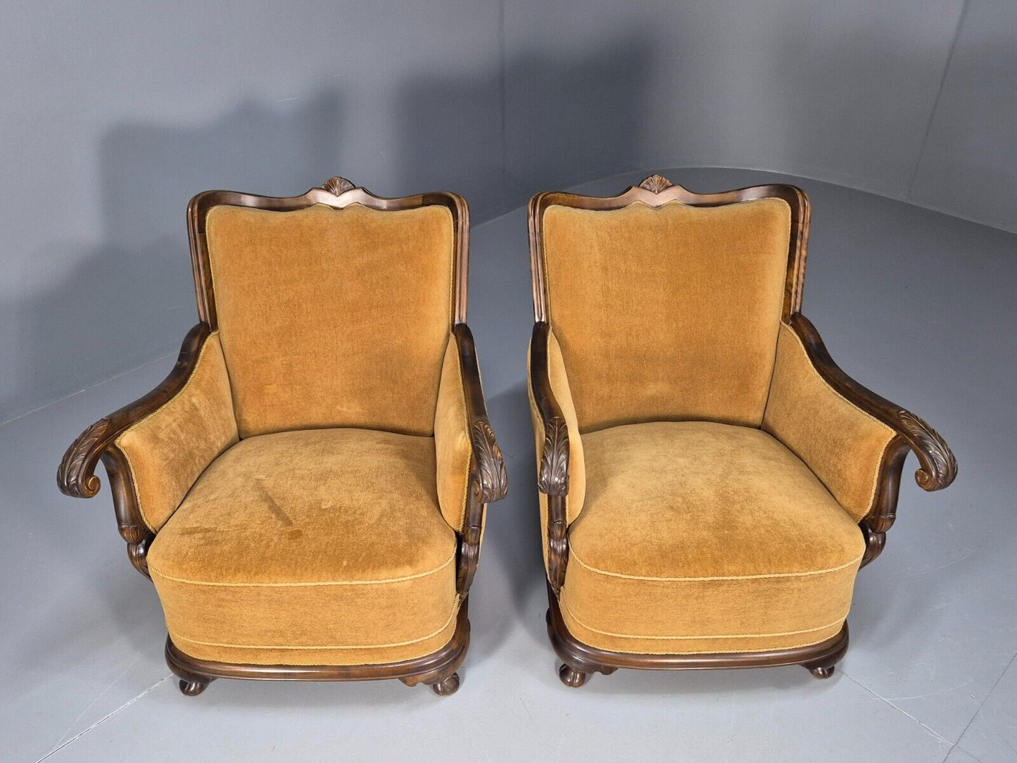 2 Vintage Danish Antique Chairs Gold Velour 1930s Carved Wood EB8969 VCLO - UKDK FURNITURE