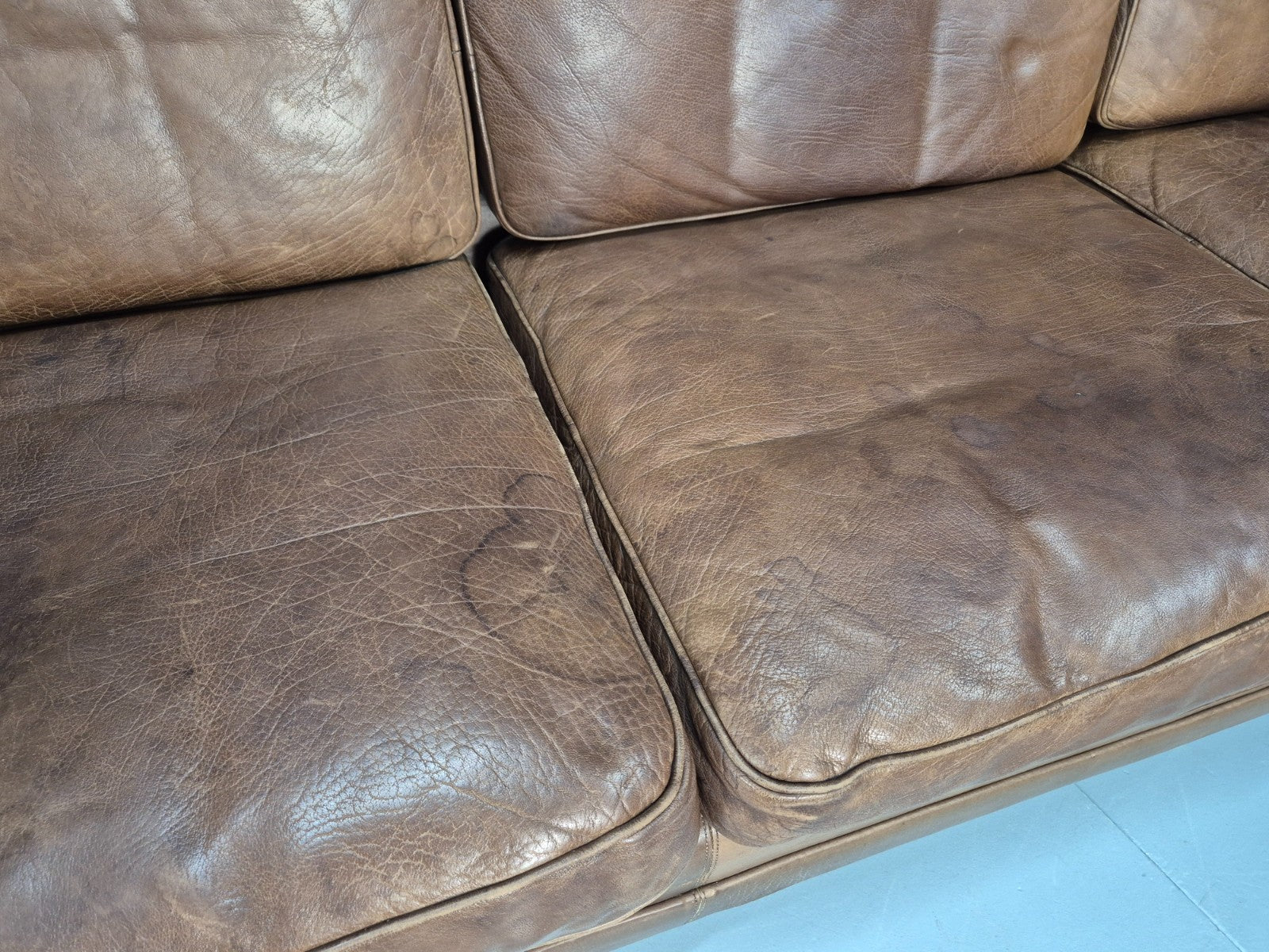 Mid Century 3 Seater Leather Sofa Danish Tan Leather  1970s Retro EB10102 M3SS11
