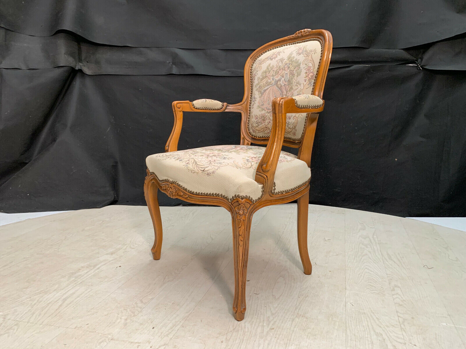 Danish Carved Beech & Tapestry Style Cream Wool Chair Vintage EB2516 VCAR - UKDK FURNITURE