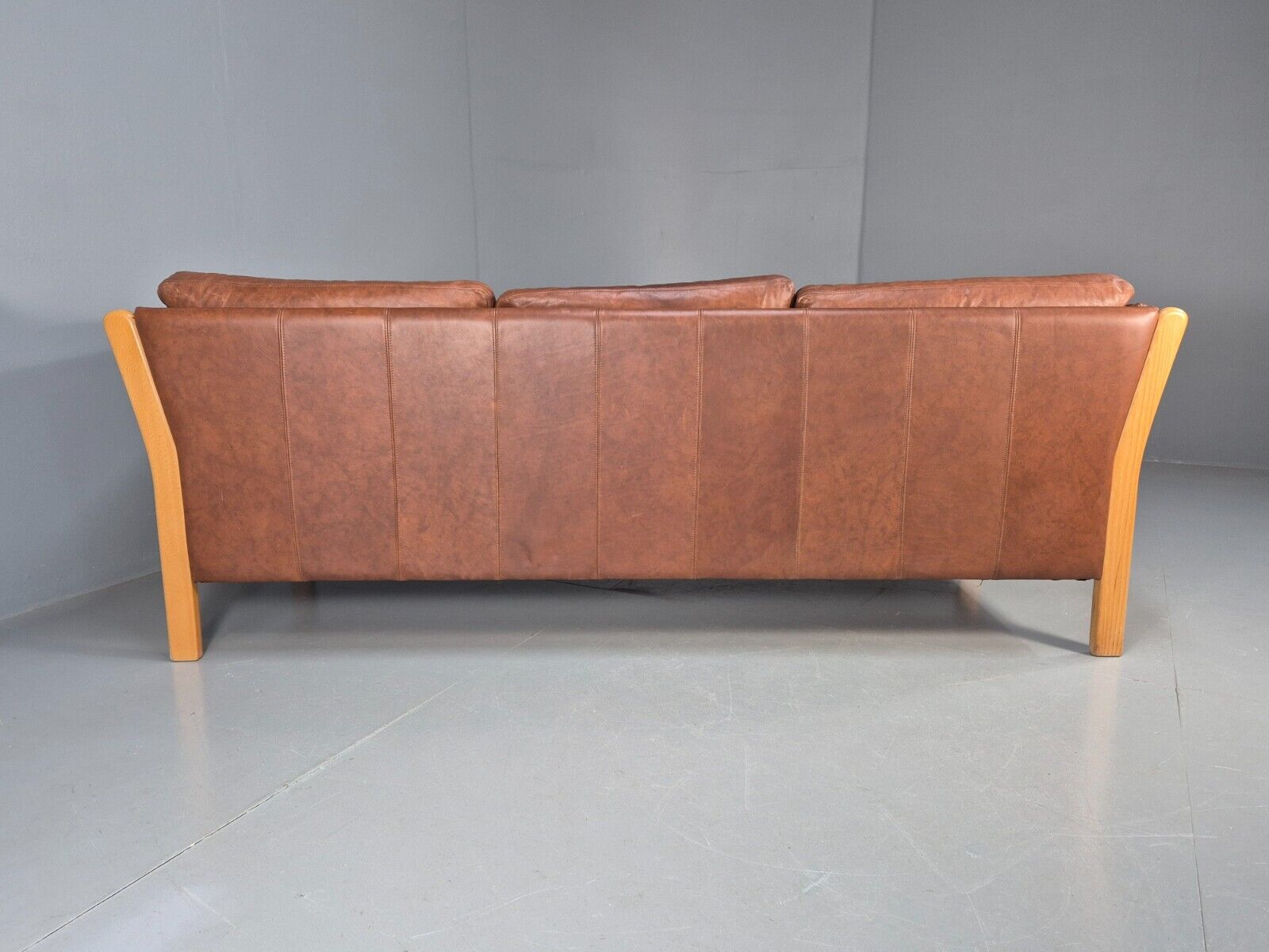 Vintage Danish 3 Seat Sofa Tan Leather Beech Ends Stouby Style MCM EB8751 M3SS - UKDK FURNITURE