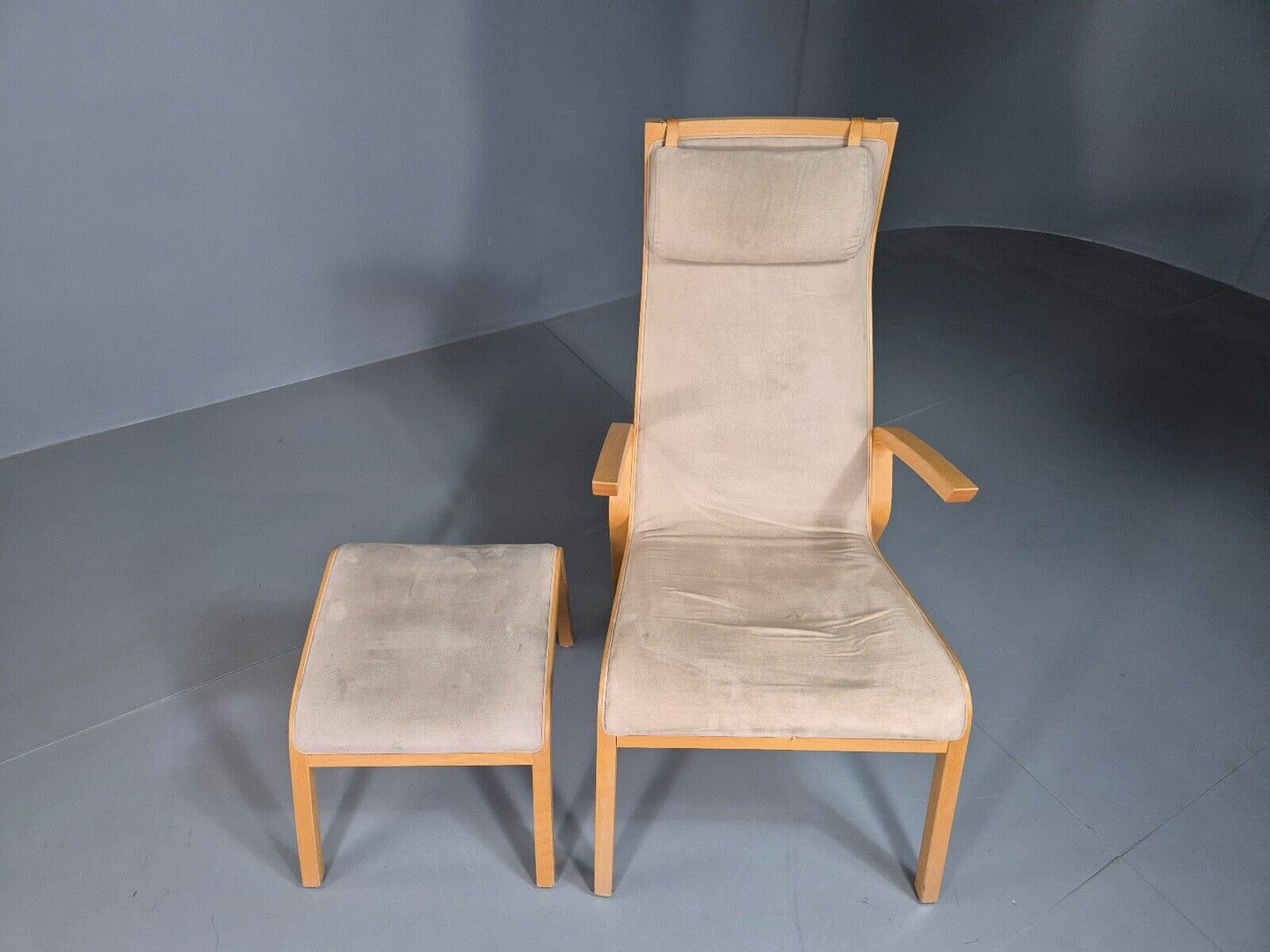 Vintage Danish Lounge Chair Footstool Faux Suede Bentwood MCM Retro EB7396 MNOR - UKDK FURNITURE