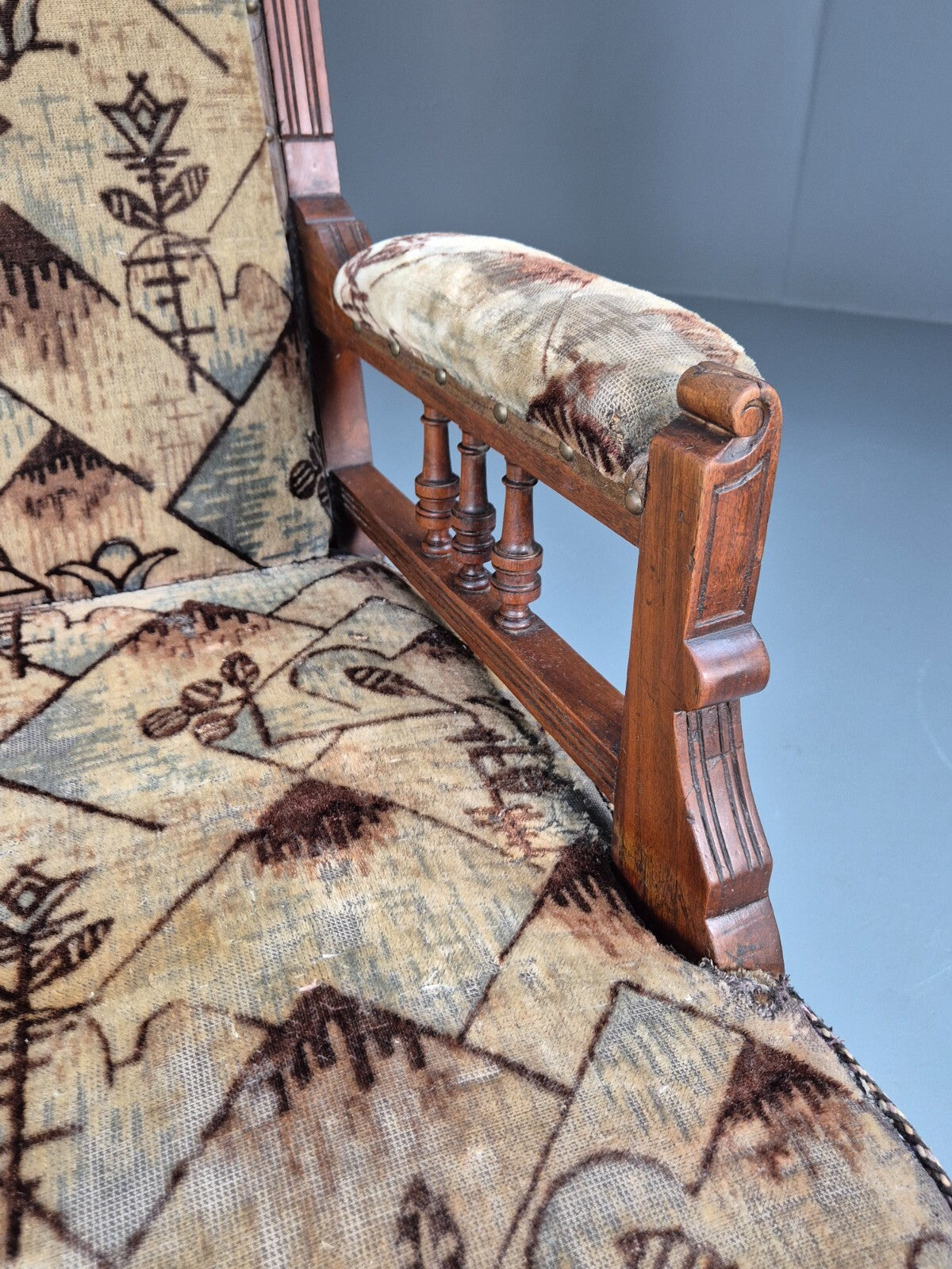 Antique Mahogany Library Chair Beige Geometric Fabric Edwardian EB9703 VCAR - UKDK FURNITURE