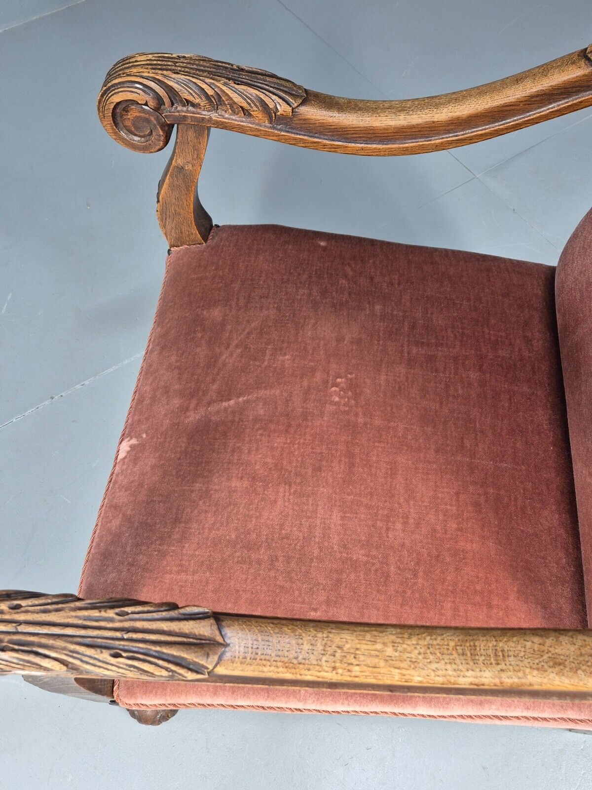 Vintage Danish Lounge Chair Pink Peach Velour Oak 17th Century Style EB8985 VCLO - UKDK FURNITURE
