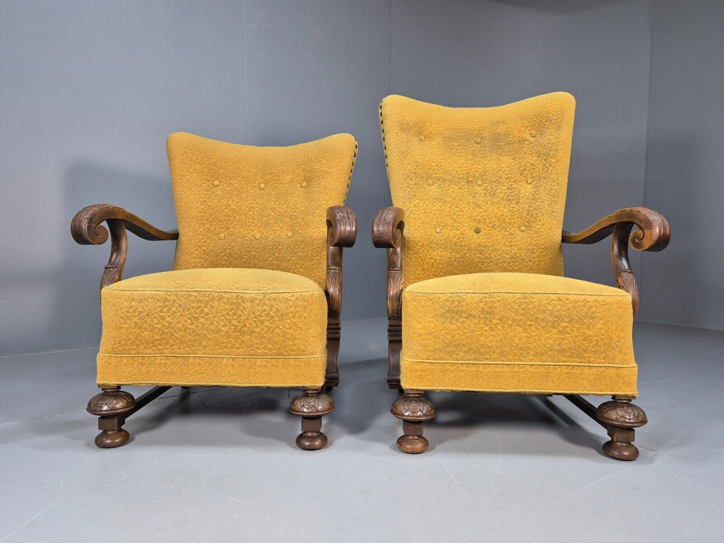 2 Vintage Baroque Armchgairs in Oak and Mustard Moquette 1940s EB9005 VCLO - UKDK FURNITURE