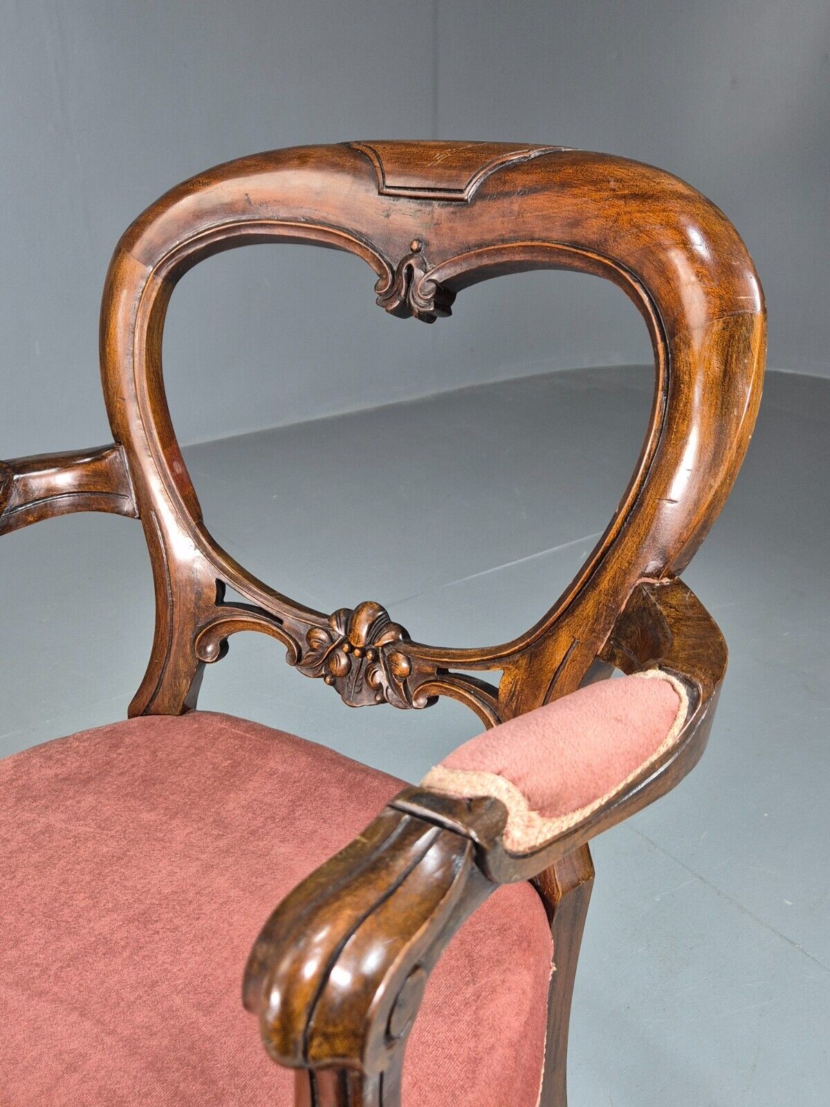 Vintage Elbow Chair Pink Velour Mahogany Frame Balloon Back Antique EB7861 VCAR - UKDK FURNITURE