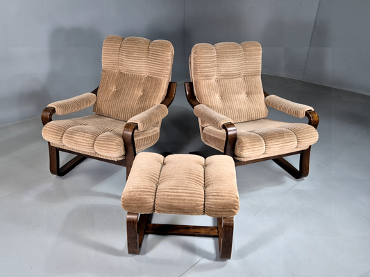 2 Vintage Danish Lounge Chairs Beige Corduroy Bentwood Retro MCM EB7193 MBEN - UKDK FURNITURE