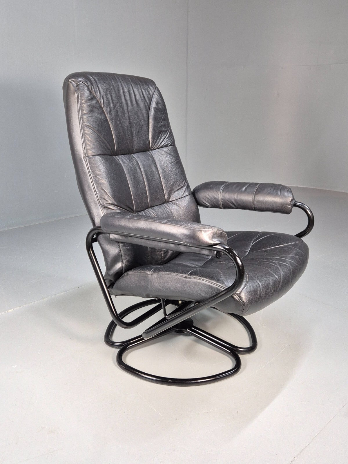 Vintage Danish Black Leather Vinyl Swivel Recline Chair 1980s Retro EB9311 MSWI - UKDK FURNITURE