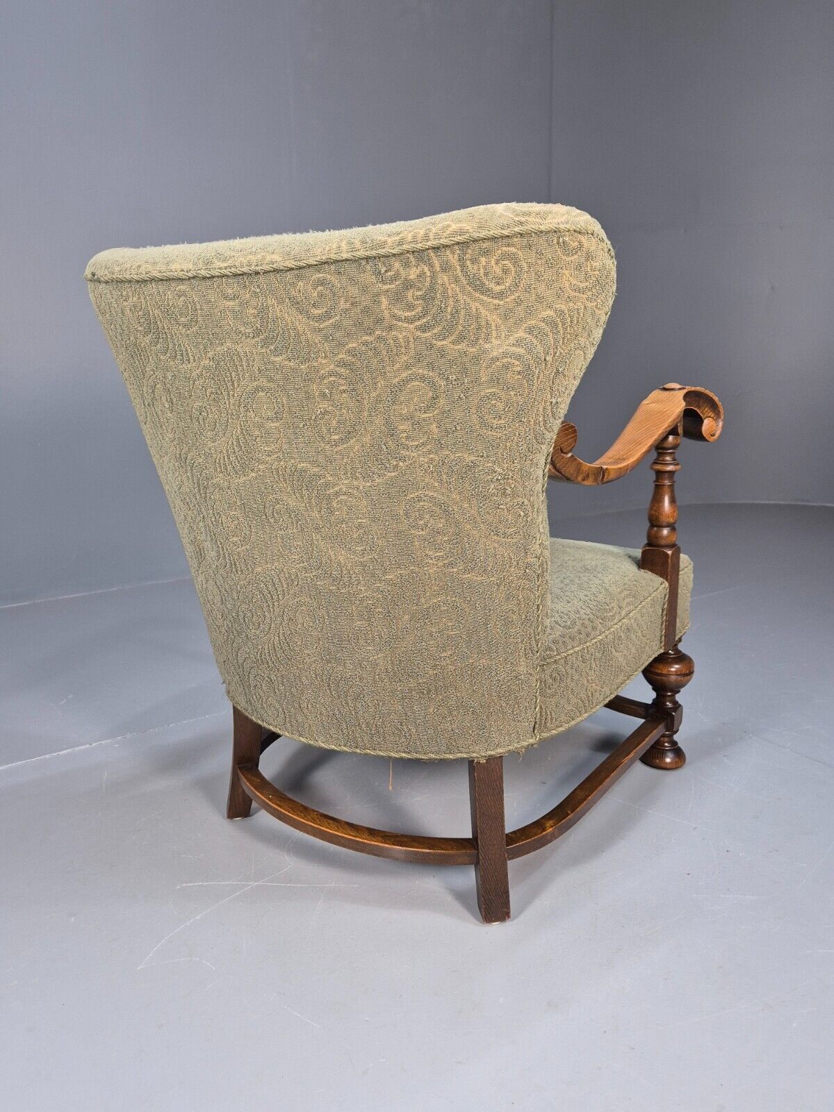 Vintage Danish Lounge Chair Green Moquette Carved Oak Frame 1940s EB8981 VCLO - UKDK FURNITURE